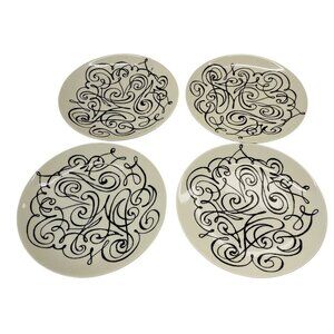 Crate & Barrel Set Of 4 Black & White Swirl Design Salad Plates 8.5" Elvis Swift